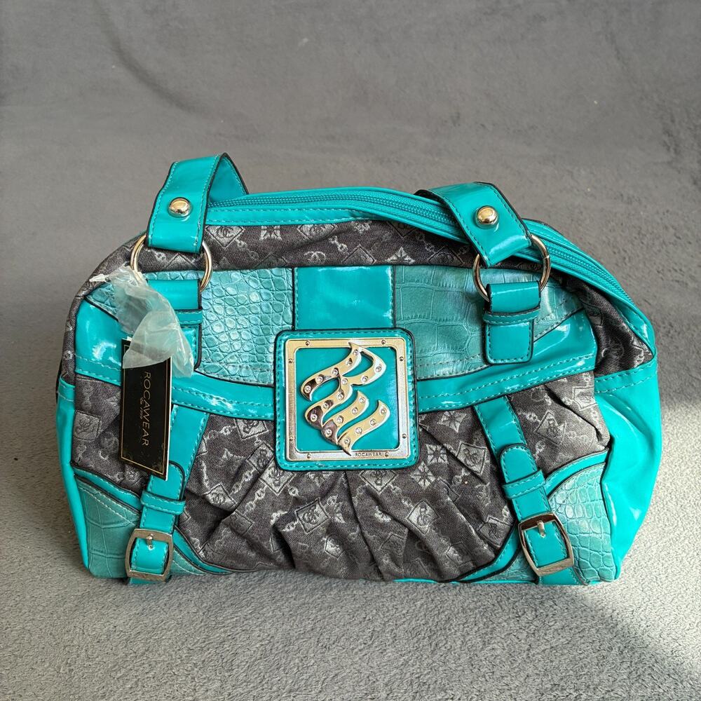 Rocawear Turquoise Grey Faux Leather Crocodile Zippered Casual Travel Handbag